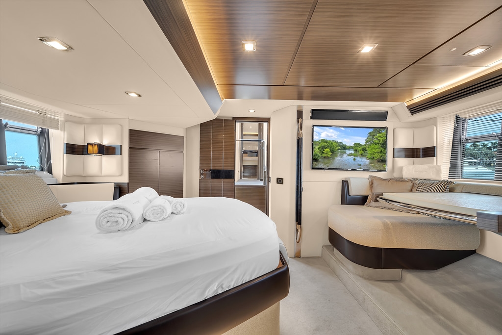 Salon interior of the Azimut Deon 64' with a water view